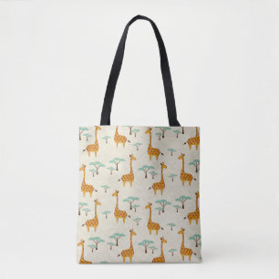 Bolsa Tote Padrão sem costura com girafas e árvores fofinha