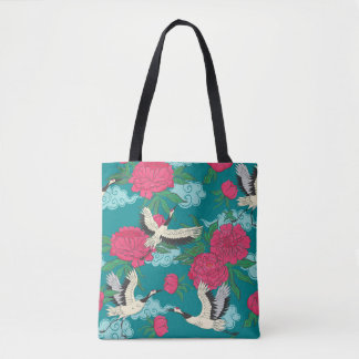 Bolsa Tote Padrão sem costura com gruas e peonias. Vintage