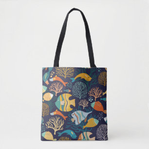 Bolsa Tote Padrão sem costura com peixes coloridos e pl aqu