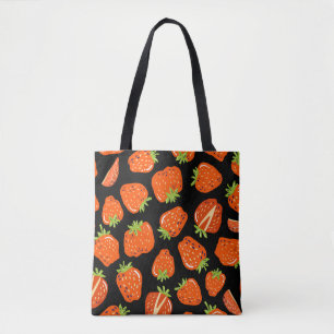 Bolsa Tote Padrão sem costura com pequenos morangos em preto