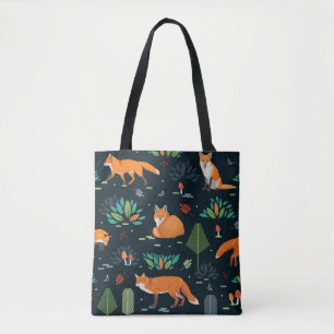 Bolsa Tote Padrão sem costura com raposas, árvores, folhas,