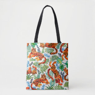Bolsa Tote Padrão sem costura, pintado em tigres a aquarelas