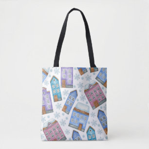 Bolsa Tote Padrão sem costura que representa casas de inverno