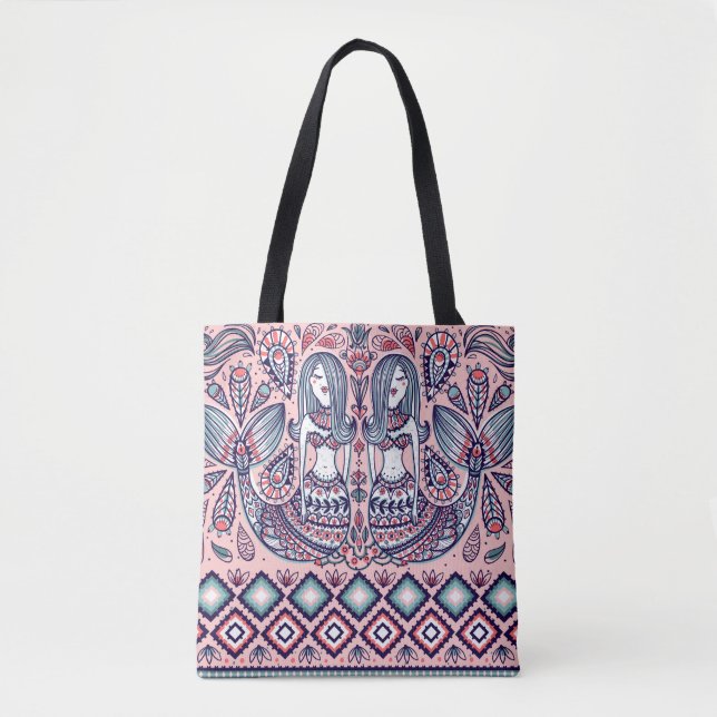 Bolsa Tote padrão sem descontinuidades com sereias e elemento (Frente)