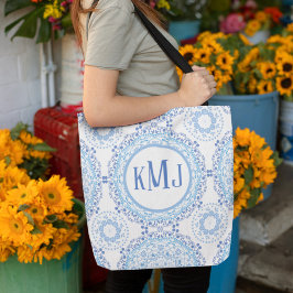 Bolsa Tote Padrão Simples de Monograma Azul de Marinho Floral