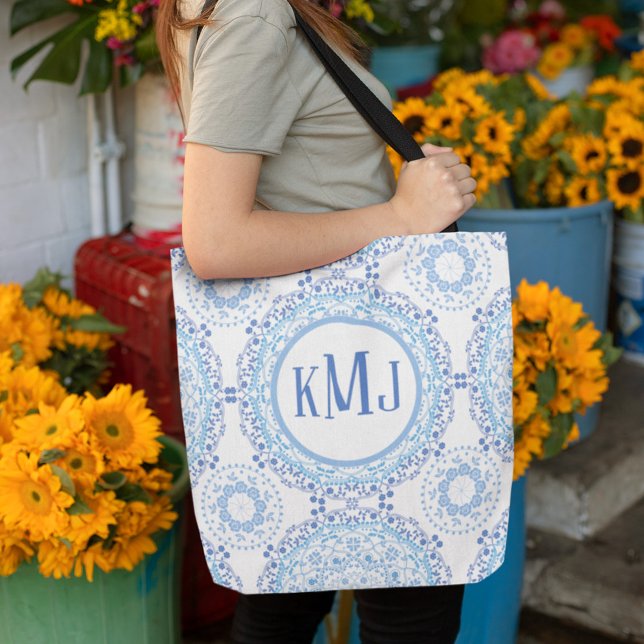 Bolsa Tote Padrão Simples de Monograma Azul de Marinho Floral (Criador carregado)