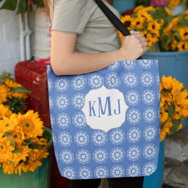 Bolsa Tote Padrão Simples de Monograma Azul de Marinho Floral (Criador carregado)