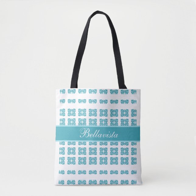 Bolsa Tote Padrão Tao Branco e Azul-Menta na Moda (Frente)