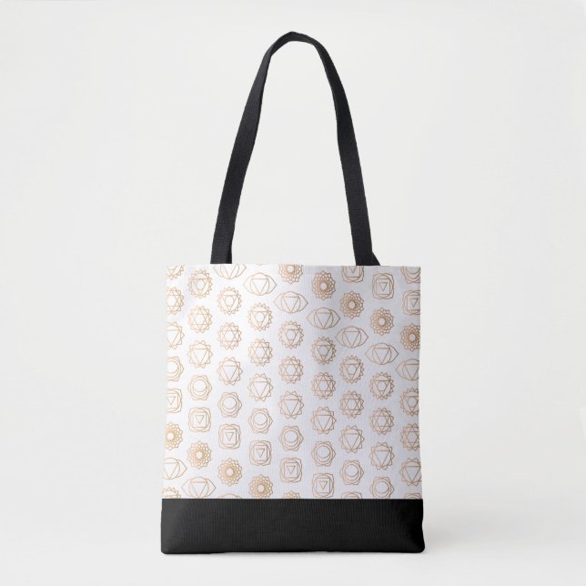 Bolsa Tote Padrão Trendy Dourado do Chakras Branco (Frente)