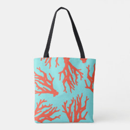 Bolsa Tote Padrão Tropical Beach Coral, Turquesa Vermelha