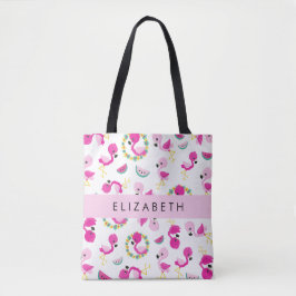 Bolsa Tote Padrão Tropical, Flamingos, Flores, Seu Nome