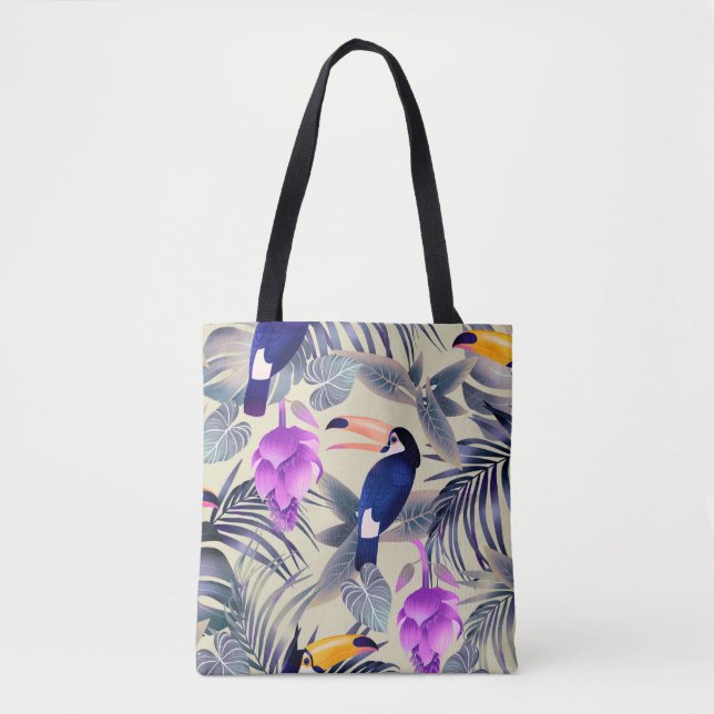Bolsa Tote Padrão tropical uniforme com tucanos, monstro, p (Frente)