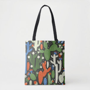 Bolsa Tote padrão uniforme com cacto em fundo preto.