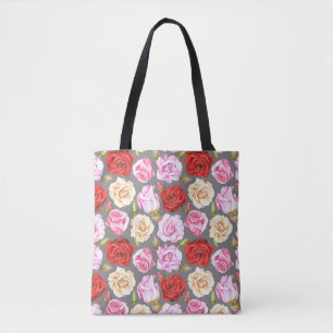 Bolsa Tote Padrão uniforme de aquarela com rosas. Sem costura