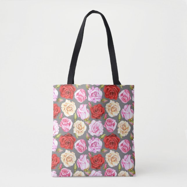 Bolsa Tote Padrão uniforme de aquarela com rosas. Sem costura (Frente)