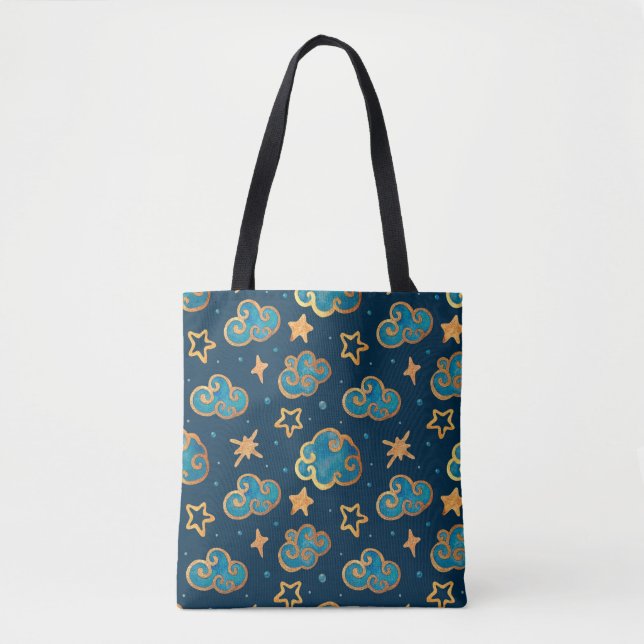 Bolsa Tote Padrão uniforme de aquarelas com a lua, estrelas,  (Frente)