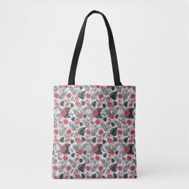 Bolsa Tote Padrão uniforme Flamingo com fundo floral (Frente)