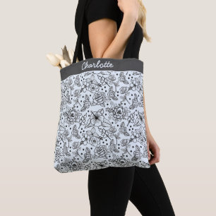 Bolsa Tote Padrão uniforme floral preto e branco com nome