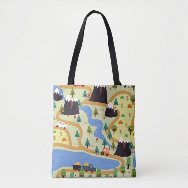 Bolsa Tote Padrão uniforme infantil com montanhas, rio, f (Frente)