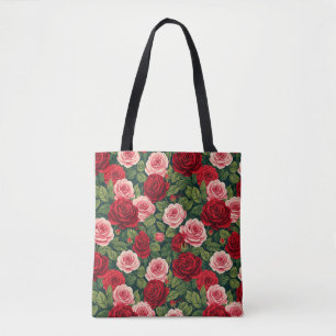 Bolsa Tote Padrão Vibrante de Rosa com Rosas Vermelhas e Rosa