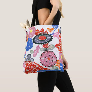 Bolsa Tote Padrão Vintage Bingata: Pequenas flores de cerejei