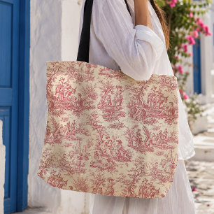 Bolsa Tote Padrão Vintage Toile de Jouy Vermelho