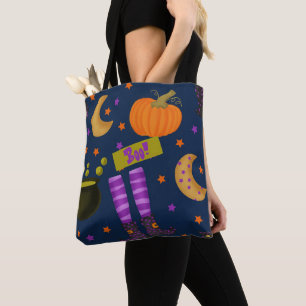Bolsa Tote Padrão Whimsical Preto e Roxo do Halloween