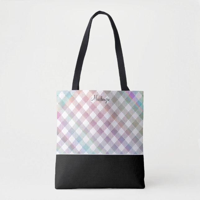 Bolsa Tote Padrão Xadrez Arco-Íris Iridescente com Monograma (Frente)