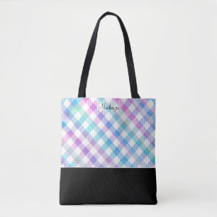 Bolsa Tote Padrão Xadrez Azul Iridescente com Monograma