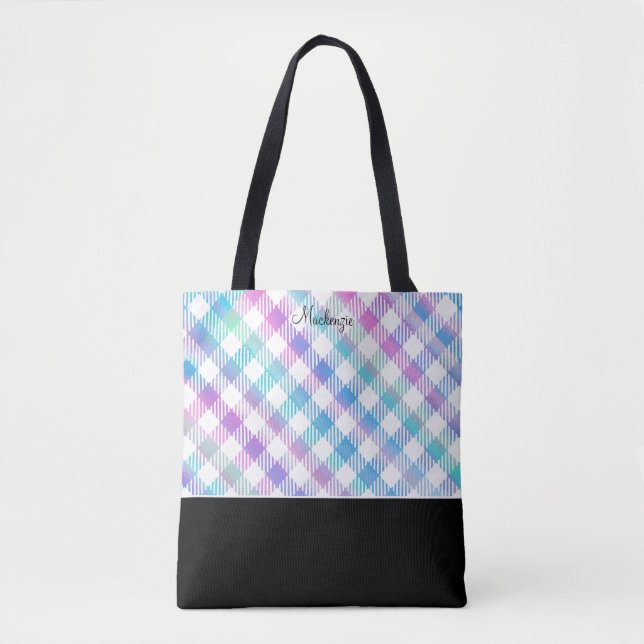Bolsa Tote Padrão Xadrez Azul Iridescente com Monograma (Frente)
