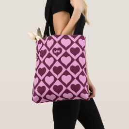 Bolsa Tote Padrão Xadrez de Coração Personalizado Bordeaux Ro