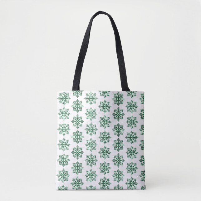 Bolsa Tote Padrão Xadrez Floco de Neve de Feriado Verde (Frente)