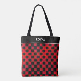 Bolsa Tote Padrão xadrez preto e vermelho chique & caligrafia
