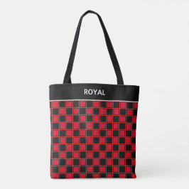 Bolsa Tote Padrão xadrez preto vermelho chique e caligrafia