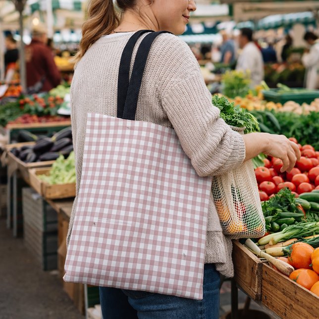 Bolsa Tote Padrão Xadrez Rosa e Branco Gingham Shabby Chic (A tote bag with a pink and white gingham pattern.)