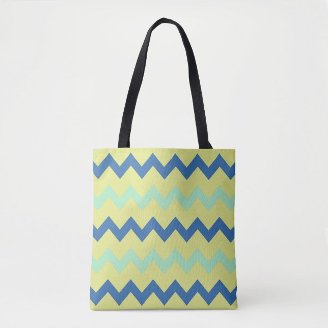 Bolsa Tote Padrão zigzag do diafrão em verde e azul (Frente)
