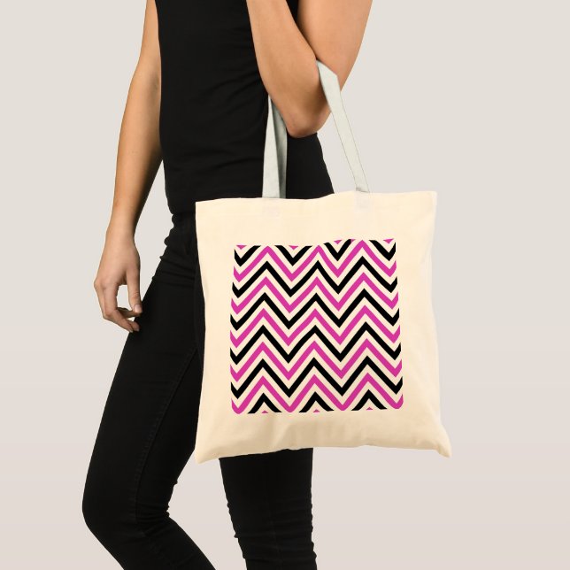 Bolsa Tote Padrão Zigzag, Padrão Chevron, Rosa, Preto (Frente (produto))