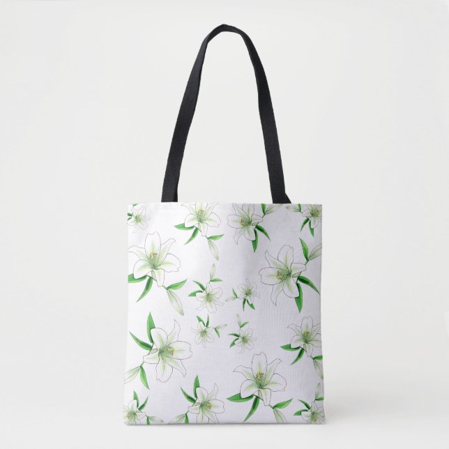 Bolsa Tote Padrões Botânicos Lírios Brancos Elegantes (Frente)