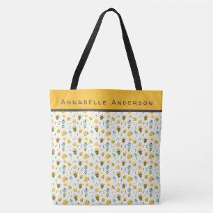 Bolsa Tote Padrões de Abelhas e Flores Personalizar a Marca d