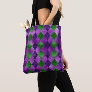 BOLSA TOTE PADRÕES DE DIAMANTES MARDI GRAS PURPER E VERDE