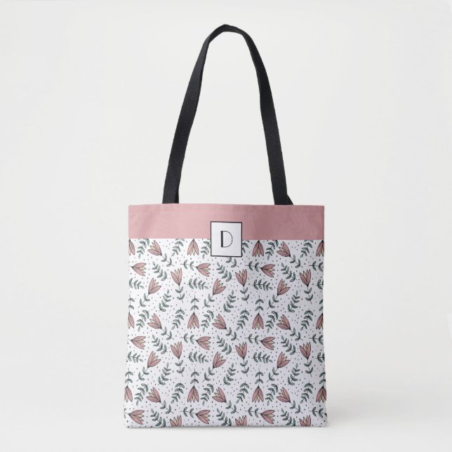 Bolsa Tote Padrões de Flores Cor-de-Rosa Cuta Monogramada (Frente)