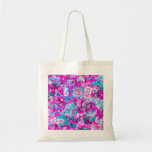 Bolsa Tote Padrões de flores rosas, azuis e brancas