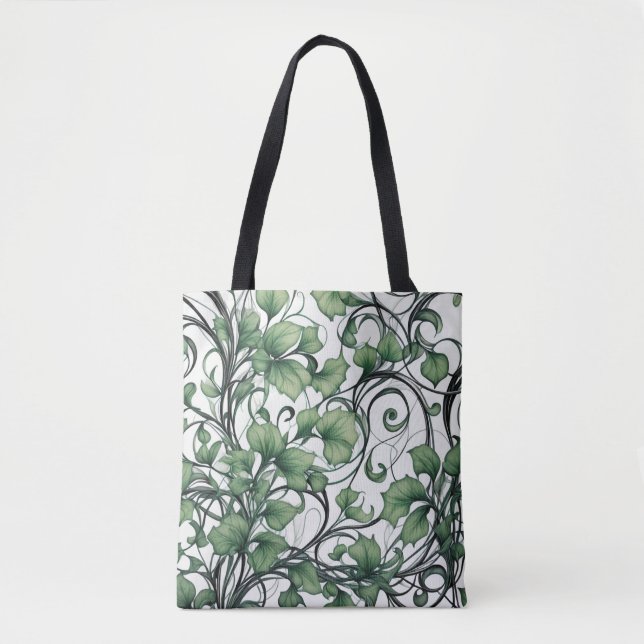 Bolsa Tote Padrões de Folha Verde e Vinha Elegante (Frente)