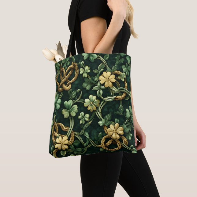 Bolsa Tote Padrões DE NÓ CELTICA VERDE E DOURADA IRLANDESA (Close Up)