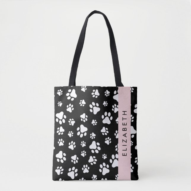 Bolsa Tote Padrões de pata, patas de cão, preto e branco, seu (Frente)