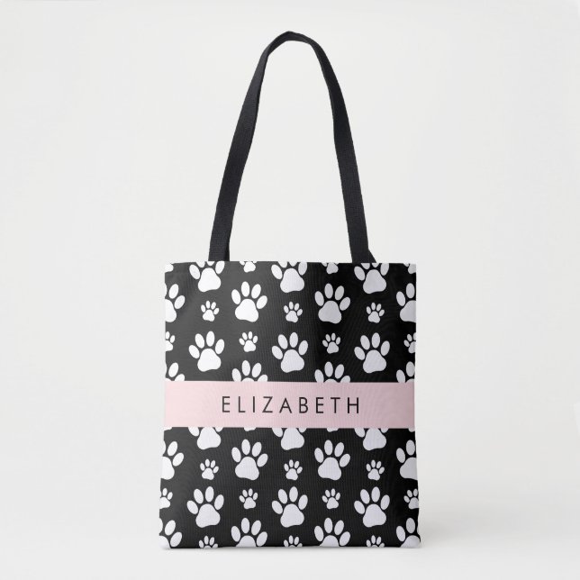 Bolsa Tote Padrões de pata, patas de cão, preto e branco, seu (Frente)