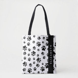 Bolsa Tote Padrões de pata, patas de cão, preto e branco, seu