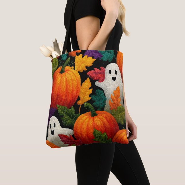 Bolsa Tote Padrões do Halloween com Pumpkins Laranja (Close Up)