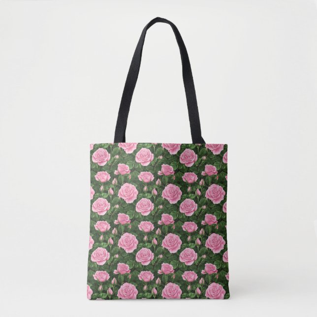Bolsa Tote Padrões Florais de Rosas Rosa (Frente)