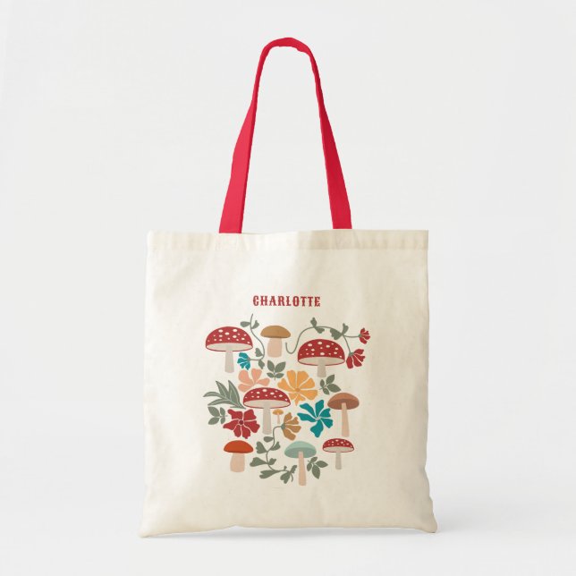 Bolsa Tote Padrões modernos de Cogumelos e Meio século Floral (Frente)